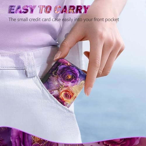 Credit Card Holder, Mini RFID Small Aluminum Card Wallet, Blocking Slim Metal Business Card Case, RFID Blocking Front Pocket Wallet Hard Case Durable CC Holder for Women Girl, Purple Marble Flower — view 6