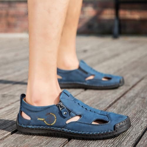 Hixingo Men's Closed Toe Sandals, Genuine Leather Walking Sandals for Men, Breathable Summer Beach Shoes Comfortable Non-Slip Fishermen Hiking Shoes, Wide Fit (F6611 White Black,11.5) — view 3