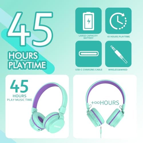 Kids Bluetooth Headphones,Lightweight Kids Headphones Wireless,85/94dB Safe Volume,40H Playtime,Fast Charging,Bluetooth 5.3,Over Ear,Toddler Headphone Built-in Mic for School/Tablet/Travel (Green) — view 3
