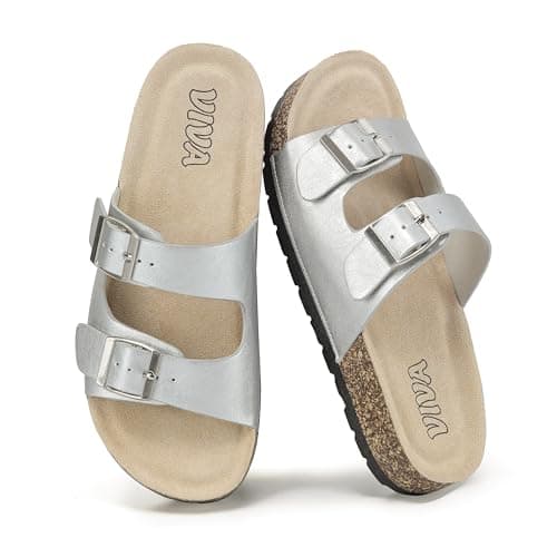 VIVASHOES Women’s Double Buckle Cork Footbed Sandals - Adjustable Flat Slide Sandals for Ladies - Comfortable Open Toe Summer Slippers - Silver Metallic UK 5