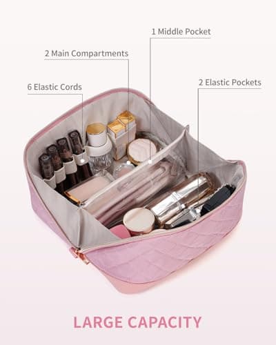 Travel Makeup Bag Quilted Cosmetic Bag for Women with Brush Compartments — view 3