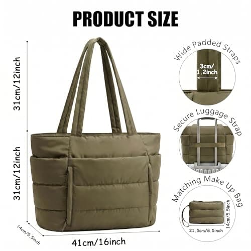 ZJEEACO Puffer Tote Bags for Women, Quilted Handbag for School, Waterproof College Bag with Zip, Lightweight Laptop Tote Bag with Compartments for University Work Gym Beach Travel Swim (Olive Khaki) — view 2