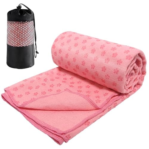 Audasi Yoga Mat Towel Yoga Towel Non Slip Hot Yoga with Mesh Carrying Bag 183 * 63cm Large Gym Towels Quick Dry Portable Breathable Yoga Mat Towel for Bikram Pilates Gym Workout (Pink)