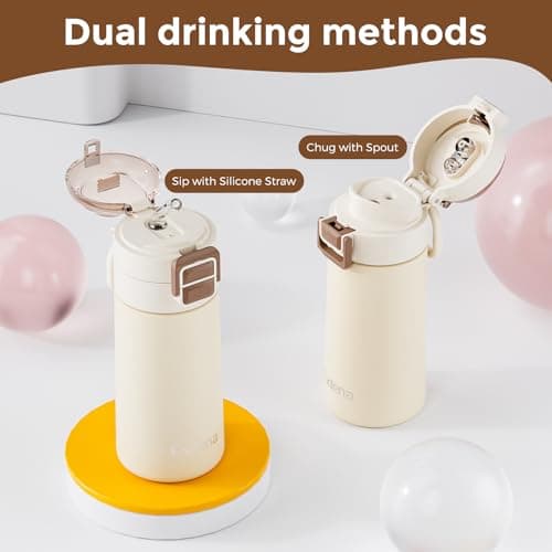 Exllena Small Insulated Water Bottle 400ml with Pop-Open Soft Straw & Spout 2-in-1 Lid, Kids Insulated Water Bottle Leak Proof for Cold&Hot Drinks, BPA-Free, Ideal for School, Handbag, Sport(Beige) — view 4
