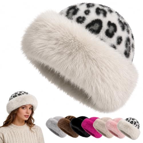 Faux Fur Bucket Hat for Women, Russian Style Winter Fluffy Fuzzy Ladies Hats Travel Hiking Work Home, Chapeau Fourrure Femme Winter Fashion Gift (White Leopard)