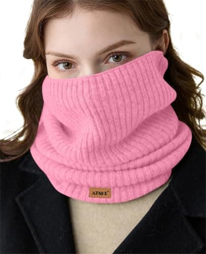 ATNKE Winter Warm Neck Gaiters Thicken Windproof Scarves Dust Face Mask Ski Circle Double Layer Fleece Lined Knit Scarf Gifts for Men and Women/Pink — view 5