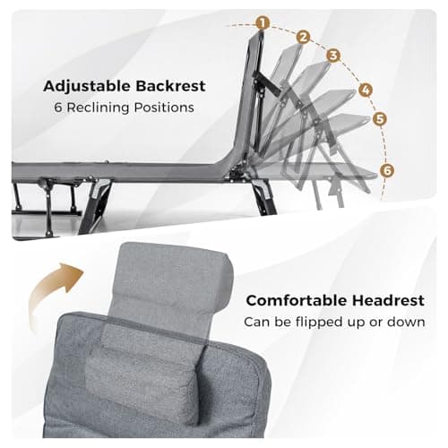 COSTWAY 3 in 1 Folding Camping Cot, Comfy Padded Convertible Single Sofa Chair with 6-Position Adjustable Backrest and Headrest, Heavy Duty Metal Chaise Lounge Sleeper Bed (185 x 60.5 x 38 cm) — view 3