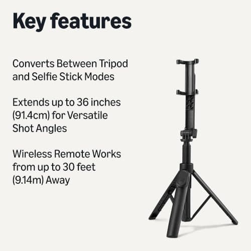 Amazon Basics Selfie Stick for Phone 91cm/36inch, Portable and Extendable Tripod, with Wireless Remote Control, Black — view 2
