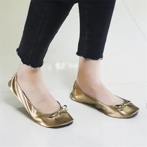 Momolaa UK 4.5 Ladies Roll up Shoesportable Travel Ballet Flat Fold up Pumps After Party Shoes Slipper (with Carrier Pouch) A0_Clearance Gold — view 2