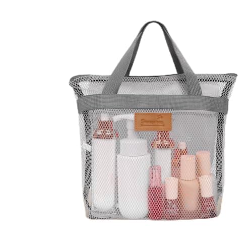 Minicoco Shower Caddy Bag with Hanging Hook Large Mesh Toiletry Organiser, Quick Dry Portable Tote for Gym, Swimming Pool & Travel Foldable, Waterproof Base (Grey)