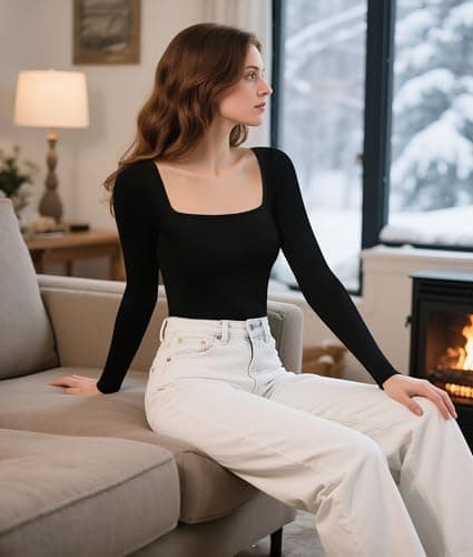 SHAPERIN Women's Bodysuits Thermal Square Neck Long Sleeve Body Suit Tanga — view 4