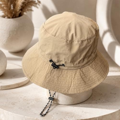RubyTint Waterproof Bucket Hat Women & Men, Khaki Foldable Wide Brim Sun Hat with Adjustable Drawstring, Lightweight Quick-Dry UV Protection for Travel, Beach, Hiking, Fishing & Camping (Khaki) — view 3