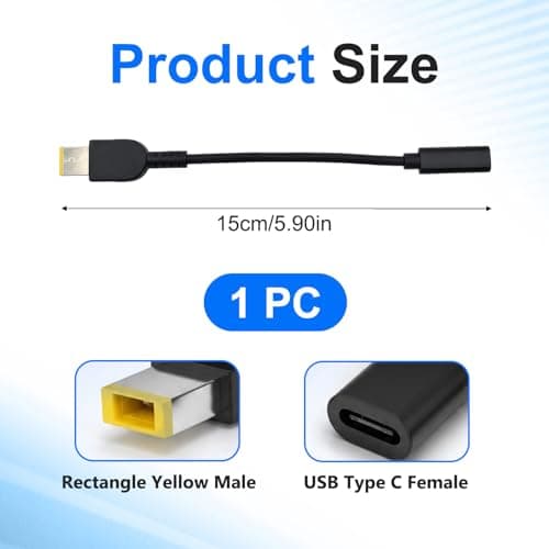 USB C to Lenovo Slim Tip Laptop Charger Adapter Cable, 65W PD Type C Female to Yellow Rectangle Male Connector Converter for ThinkPad IdeaPad Yoga, Laptop Power Charging Replacement Cord — view 2