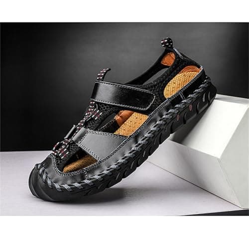 Metaju Men's Closed Toe Outdoor Sandals, Leather Lightweight Hiking Sandals, Breathable Non-Slip Rubber Sole Walking Shoes for Trekking Camping Beach Travel Summer Casual Sports (Black,9.5) — view 2