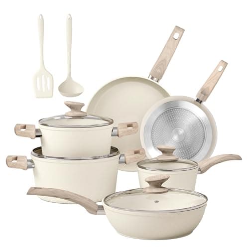 Kitchen Academy 12 Pieces Nonstick Pots and Pans Set, Cookware Set Beige