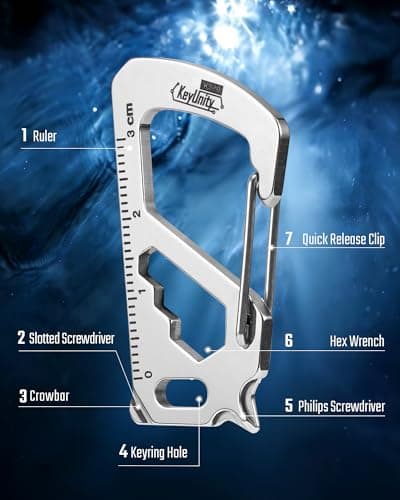 KeyUnity KS00S Carabiner Clip Multitool Stainless Steel 7 Tools in 1,Quick Release Clasp,Wrench,Cross Screwdriver, Slotted Screwdriver,Bottle Opener,Ruler,Key Holder (Silver,Small) — view 6