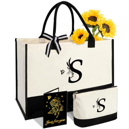 Personalized Gifts for Women - Initial Canvas Tote Bag with Makeup Bag - S