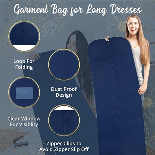 Wedcova Dress Bag | Hanging Garment Bags | Full Length Travel Covers | Wedding Long Clothes Storage Cover with Zipper for Women | 72 Inch (182cm) | Pack of 1 | Navy Blue — view 2