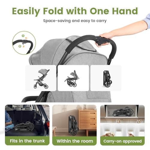 Convenience Baby Stroller – Lightweight & Compact Travel Umbrella Stroller, Quick One-Hand Fold, Lockable Rear Wheels, Adjustable Canopy, 5-Point Safety Harness & Shopping Basket (Grey) — view 5