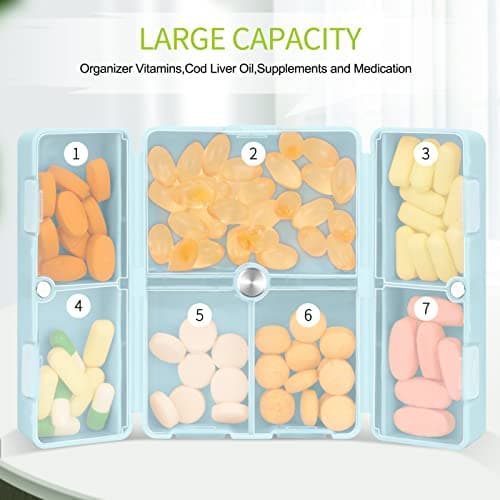 FYY 7 Day Pill Organiser, Travel Tablet Box, [Foldable Design] Weekly Medication Case, Portable Daily Supplements Storage Organizer for Vitamins, Cod Liver Oil, Small-Blue — view 2
