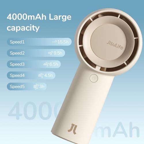 JISULIFE Handheld Turbo Fan [16H Max Cooling Time] Mini Portable Hand, 4000mAh USB Rechargeable Personal, Battery Operated Pocket Fan with 5 Speeds for Travel/Outdoor/Home/Office - Brown — view 3
