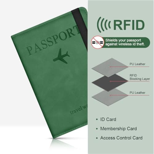 AOOSU Passport Holder Cover, PU Leather Passport Cover with RFID Blocking Travel Wallet, Portable Universal Travel Wallet Case Organiser for Money, Boarding Passes, Credit Cards Green — view 5