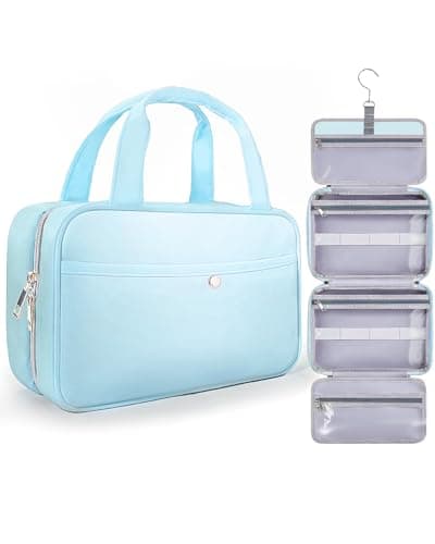 Chakipee Travel Hanging Toiletry Bag for Women - Foldable Toiletries Waterproof Organizer with Clear Window, Lightweight Wash Bags for Essentials, Makeup, Shampoo, Blue, Medium