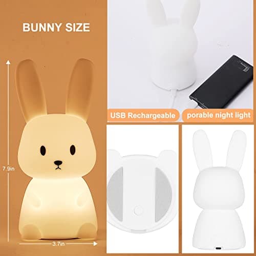 ZKLiLi Cute Bunny Kids Night Light, Night Lights for Kids Room Birthday Gifts Kawaii Teen Night Lamp Rechargeable Toddler Baby Nursery Nightlight Portable Silicone Animal Lamp — view 6