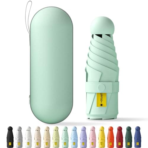 FWHFNB Travel Umbrella, Travel Mini Umbrella, Pocket Umbrella, UV Umbrella, UPF 50+, Portable Lightweight Compact, with Storage Box, for Men and Women (Mint Green)
