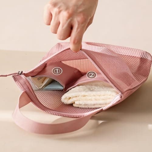 Mesh Toiletry Bags for Women, Shower Caddy Portable, Pink Mesh Shower Bag, Quick Dry Lightweight Camping Shower Bag with Reinforced Handle, Multi-Pocket Organizer Bag for Travel, Gym, Beach and Dorm — view 2
