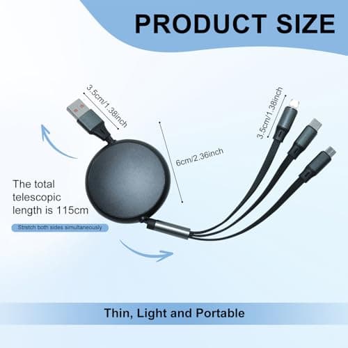 XINML Multi Fast Charger Cable Retractable 3 in 1 Charging Cable 100W, USB C to USBC+PD+Micro USB Portable Travel Chargers for Multiple Devices, Black 1.2M — view 2