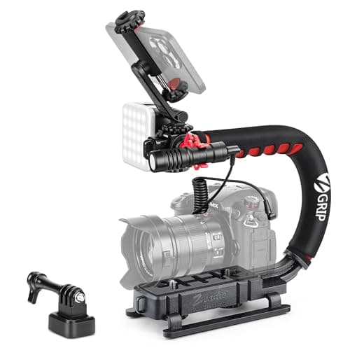 Zeadio Video Handheld Stabilizer, All-in-One Vlogging Camera Handle Grip Rig Kit with Dimmable LED Video Light, Microphone, Phone Holder, Action Camera Adapter for Camera DSLR and All Smartphones etc