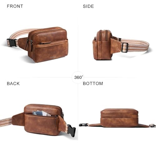 LATMAP 3L Fanny Pack Bumbags for Women Men 4-Zipper Pockets Belt Bag Sling Waist Pack Faux Leather Chest Bag Brown — view 6