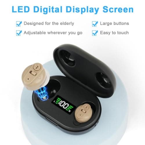 Aolso Mini Digital Sound Aid Voice Enhancer, Rechargeable Sound Headphones for Seniors, Noise Cancelling, Digital in-Ear Audio Headphones Device with Charging Case-Skin color with Black Case — view 5