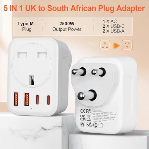Omivine UK to South Africa Plug Adapter, 5 in 1 Type M SA Travel Power Adapter Converter mit 1 AC 2 USB-C 2 USB-A for South Africa, Lesotho, Mozambique, Namibia, Swaziland, Zimbabwe, etc (Type M) — view 2