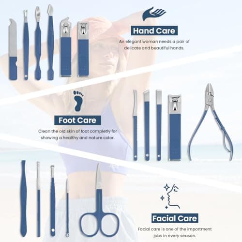 LOPHE Professional Manicure Set, 16pcs Portable Nail Clippers & Eyebrow Grooming Kit, Stainless Steel Nail Care Tools with Luxurious Leather Case for Travel & Home(blue) — view 3