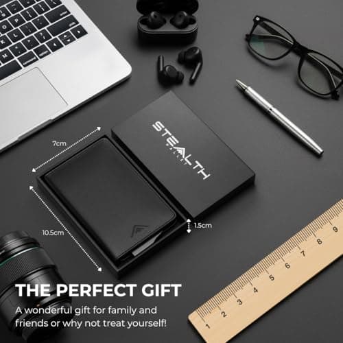 Stealth Wallet RFID Card Holder Wallet - Smart Minimalist Pop Up Wallets with Gift Box - Slim Lightweight Metal Credit Card Holders for Men & Contactless Protector (Silver Aluminium, Black Leather) — view 3