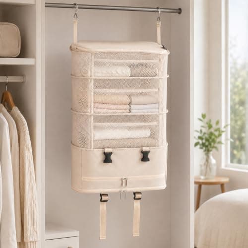 FERNVALE Hanging Travel Storage Bag 5-Layer Large Capacity Foldable Suitcase Organizer Portable Hanging Toiletry Bag with Steel Frame Heavy Duty Closet Wardrobe Storage for Home Hotel & Dorm (Khaki) — view 5
