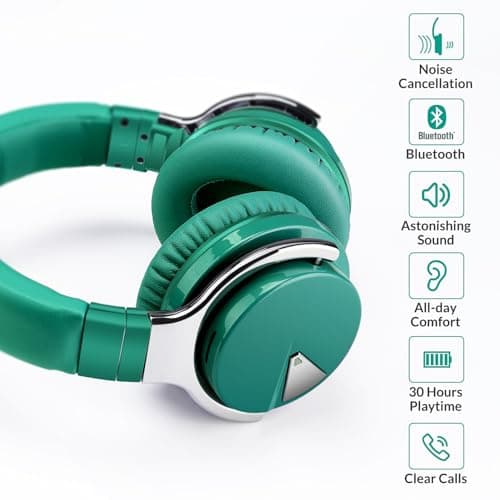GarageRock E7 Active Noise Cancelling Headphones Bluetooth Headphones Wireless Headphones Over Ear with Microphone Deep Bass, Comfortable Protein Earpads, 30 Hours Playtime for Travel/Work, Green — view 2