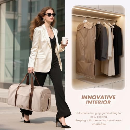 GOLF QUALITY Garment Bags for Travel 2 in 1 Convertible Suit Travel Duffel Bag for Women, Stylish Carry On Duffle Bag with Shoulder Strap Weekend Overnight Holdall Bags for Men 48L, Apricot — view 6