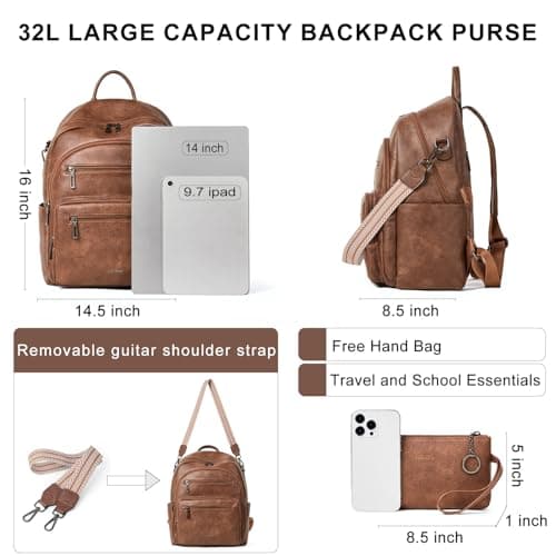LATMAP 32L Vegan Leather backpack Women 14.5"x8.5"x16",Laptop Backpack for Women College Daypack Work Handbag Travel fits 14" Laptop Business,Brown — view 3