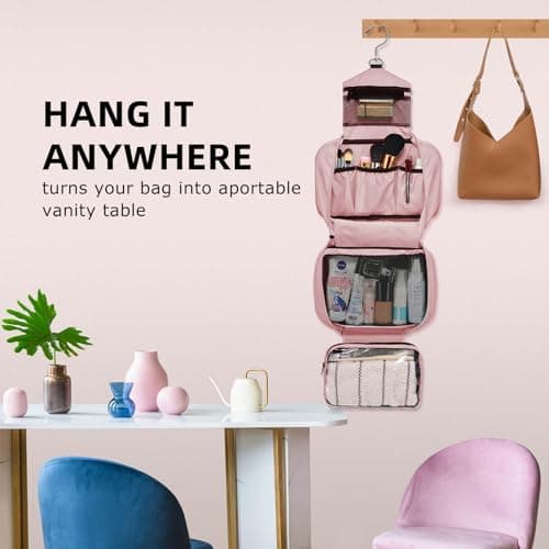 homchen Hanging Toiletry Bag Travel Kit for Men Women, Upgrade Large Capacity Wash Bag Makeup Bag with 4 Compartments, Foldable Compact Size (Pink) — view 6