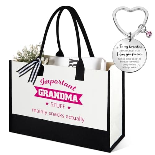 Hestya 2 Pieces Christmas Grandma Gifts from Grandchildren Include 1 Shopping Tote Bag and 1 Keyring for Grandma with Pouch for Granny Mothers Day Christmas Birthday Beach Present