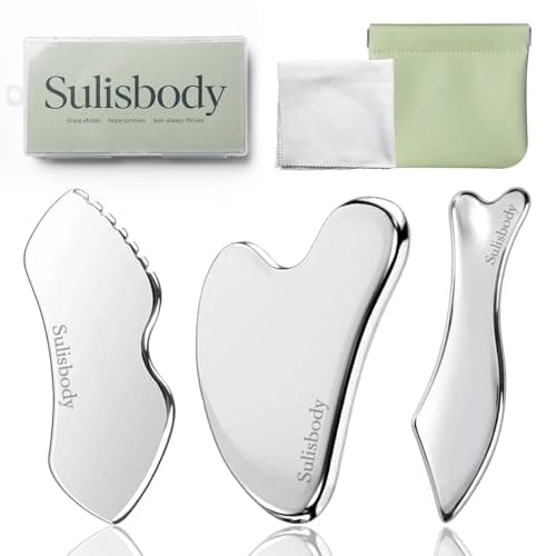 3 Pcs Gua Sha Tool Stainless Steel for Face & Body – De-Puffing, Lifting & Lymphatic Drainage – Includes Guasha Tool Face Massager, Magnetic Pouch, Silver Polishing Cloth & User Guide