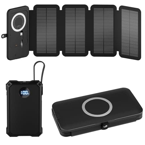 YELOMIN Solar Charger Power Bank 5000mAh with 4 Foldable Panels & 2 Built-in Cables, Wireless Portable Charger, Outdoor External Battery Pack with USB-C in/Output & SOS Flashlight for Camping Hiking