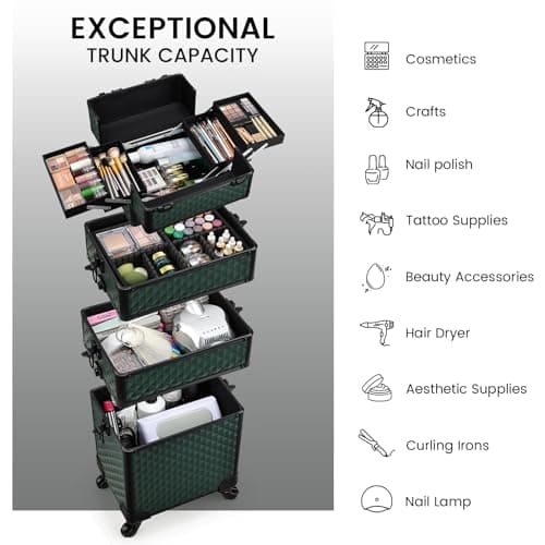 Professional 4-in-1 Large Makeup Trolley Beauty Cosmetics Vanity Organizer Rolling Make up Train Case Hairdressing Storage Box with Universal Wheels and Key Locks 4 Tiers (Dark Green) — view 4