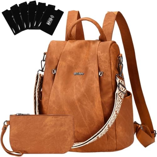 Eshow Womens Backpack Anti Theft Waterproof, Ladies Rucksack Vegan Leather Fashion, Daypack Convertible Small Makeup bag With RFID, Handbag Shoulder For Travel School Work Light Brown