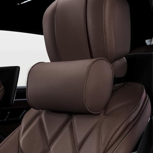 Dapucarin Car Headrest Pillow for Driving - Luxury Leather 100% Memory Foam, Ergonomic Neck Support - Universal Fit Head Rest Travel Pillow for Most Cars, Home & Office, Brown, 1 Pack