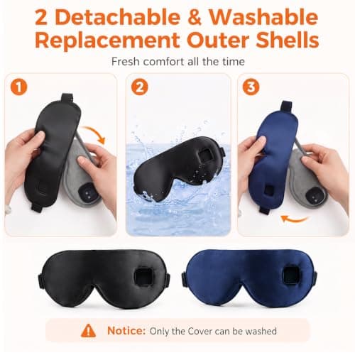 Cordless Silk Heated Eye Mask, Electric Warm Eye Compress with 4 Heat Levels 4 Time Settings, 1000mAh Rechargeable Heated Eye Pad with 2 Detachable & Washable Covers (Black, Navy Blue) — view 2