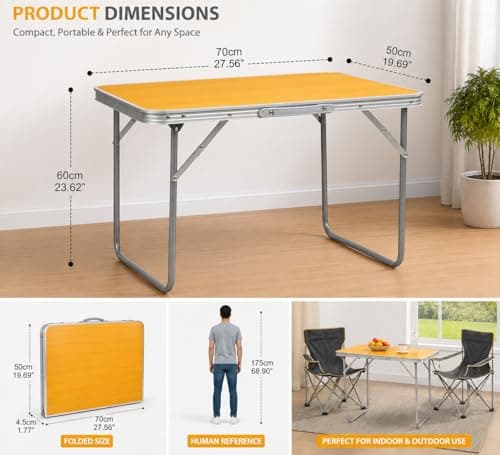 Unibos Camping Table Portable Picnic Table Aluminium Folding Table Indoor Outdoor Table Heavy Duty Garden Trestle Set for BBQ Picnic Party, Load Capacity 15KG (Orange) — view 3